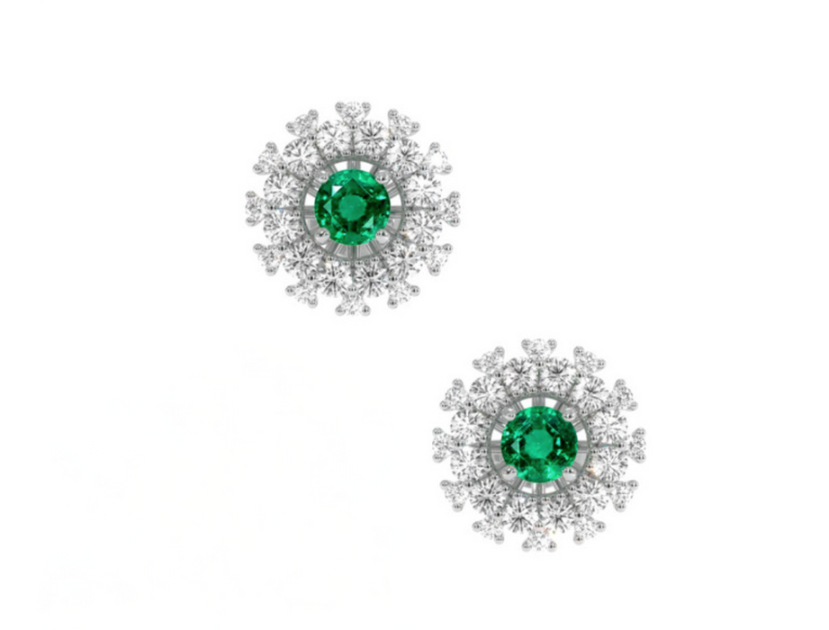 0.40 Ct.Tw. Emerald and Natural Diamond Halo Earrings, 18K White Gold