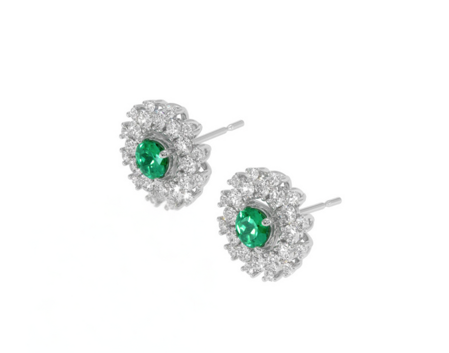 0.40 Ct.Tw. Emerald and Natural Diamond Halo Earrings, 18K White Gold