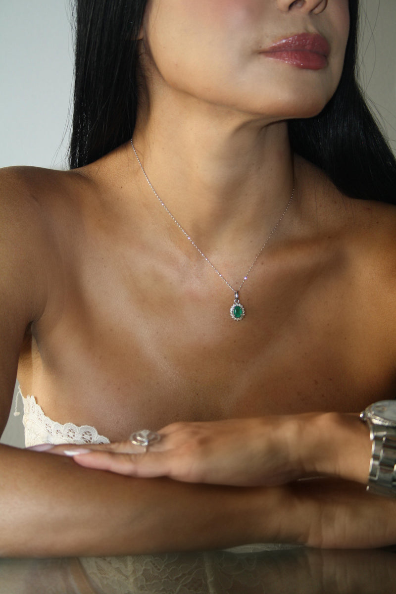 Emerald Halo Pendant Necklace in White Gold