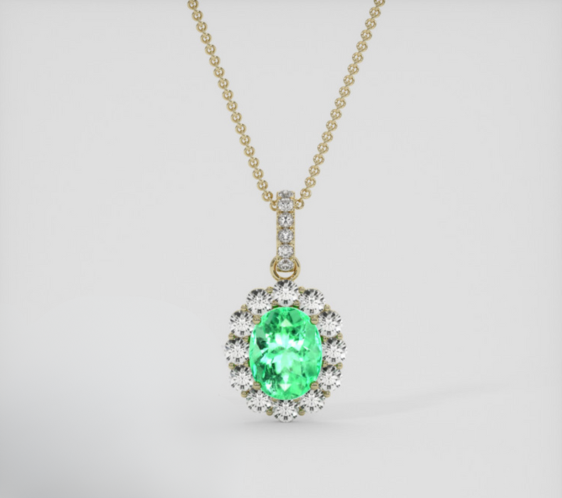 Halo Emerald Pendant 2.15 Ct., 18K Yellow Gold