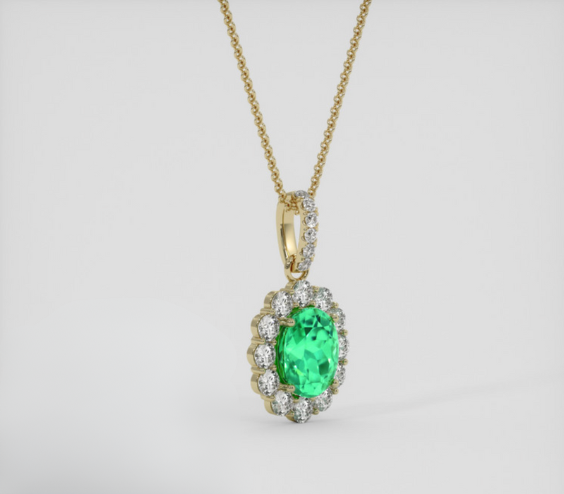 Halo Emerald Pendant 2.15 Ct., 18K Yellow Gold