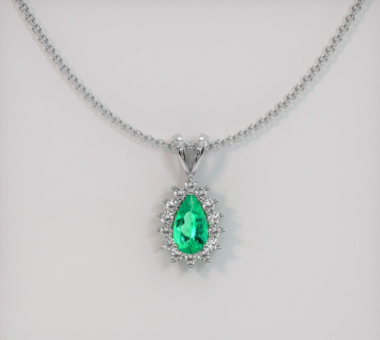 Halo Emerald Pendant 1.87 Ct., 18K White Gold