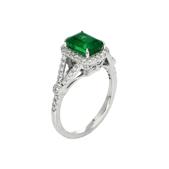 1.72 Ct. Emerald Natural Diamond Pave Ring, 14K White Gold