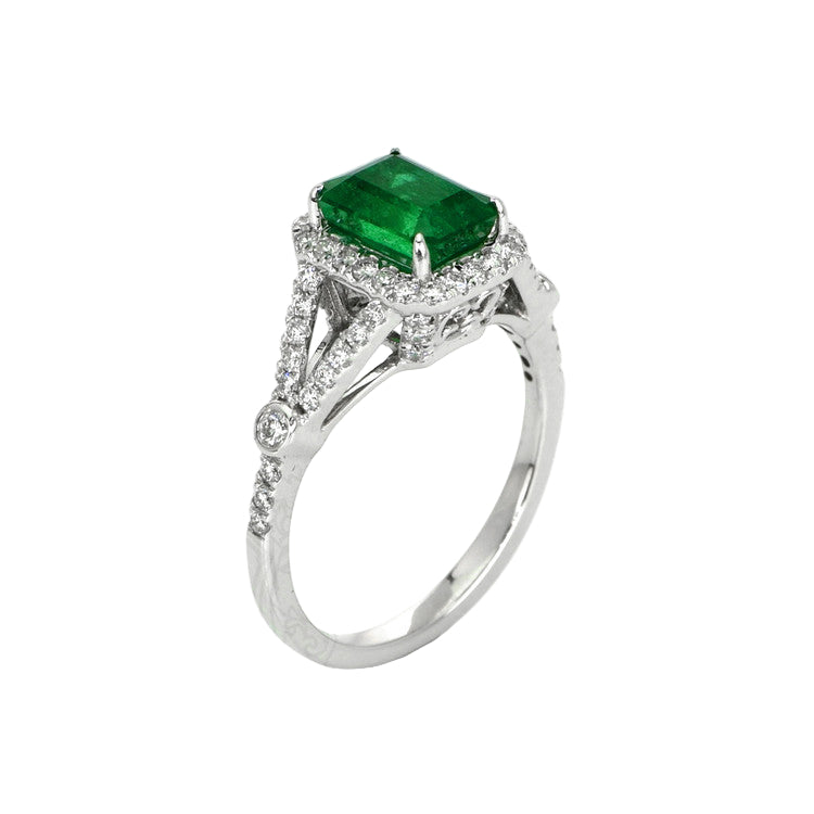 1.72 Ct. Emerald Natural Diamond Pave Ring, 14K White Gold