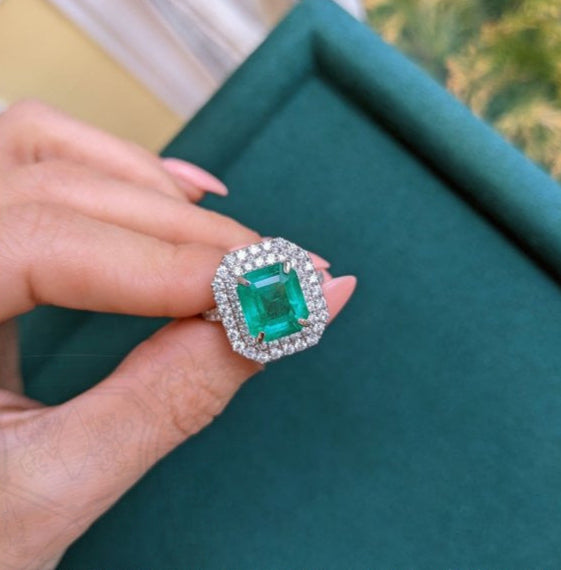 4.25 Ct. Emerald Natural Diamond Pave Ring, 14K White Gold